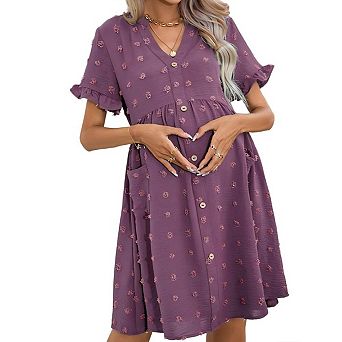 Women Maternity Short Sleeve Button Down Swiss Dot v Neck Dress Baby Shower Photoshoot with Pockets