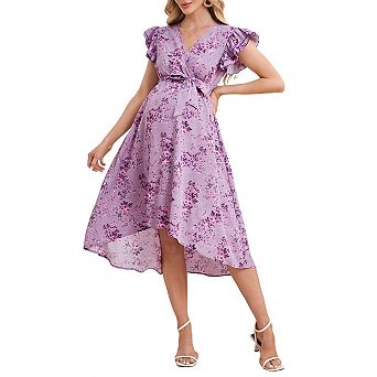 Women Maternity Summer Ruffle Cap Sleeve v Neck Pleated Belted Midi Dress Baby Shower Photoshoot