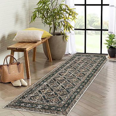 Vintage Boho Area Rug Washable Non Slip Low Pile Soft Indoor Carpet