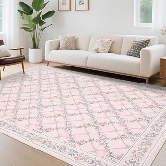 Modern Floral Vine Area Rug, Washable Non Slip Low Pile Pearl Velvet Carpet for Living Room Bedroom