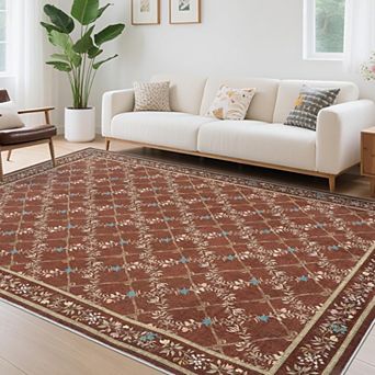 Modern Floral Vine Area Rug, Washable Non Slip Low Pile Pearl Velvet Carpet for Living Room Bedroom