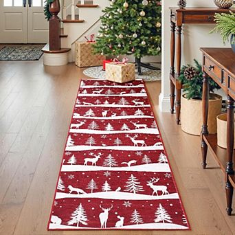 Washable Christmas Area Rug Non Slip Low Pile Polyester Indoor Carpet Kitchen Entryway Living Room