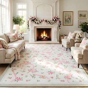 Bowknot Area Rug, Washable Non Slip Low Pile Polyester Carpet for Living Room Bedroom Bathroom