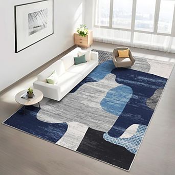 Abstract Area Rug Machine Washable Non Slip Low Pile Faux Wool Indoor Carpet for Living Room Bedroom