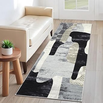 Abstract Area Rug Machine Washable Non Slip Low Pile Faux Wool Indoor Carpet for Living Room Bedroom