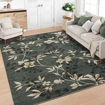 Floral Area Rug, Washable Faux Wool Non Slip Low Pile Carpet for Living Room Bedroom Dining Room