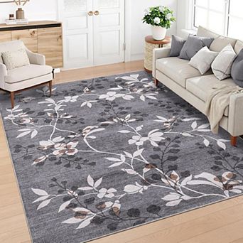 Floral Area Rug, Washable Faux Wool Non Slip Low Pile Carpet for Living Room Bedroom Dining Room