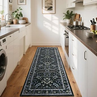 Floral Area Rug, Washable Non Slip Low Pile Polyester Carpet for Living Room Bedroom Dining Room