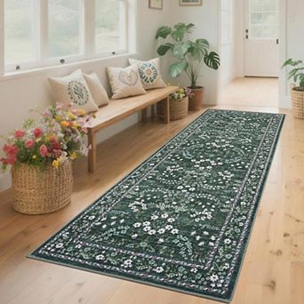 Floral Area Rug, Washable Non Slip Low Pile Polyester Carpet for Living Room Bedroom Dining Room