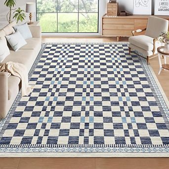 Abstract Checkered Area Rug, Washable Non Slip Low Pile Polyester Carpet for Living Room Bedroom