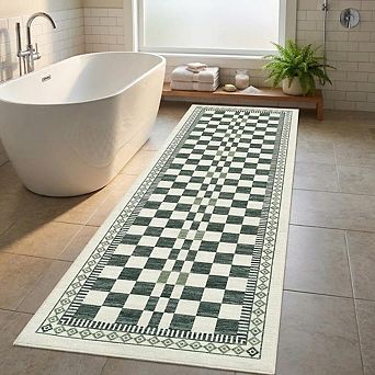 Abstract Checkered Area Rug, Washable Non Slip Low Pile Polyester Carpet for Living Room Bedroom