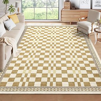 Abstract Checkered Area Rug, Washable Non Slip Low Pile Polyester Carpet for Living Room Bedroom