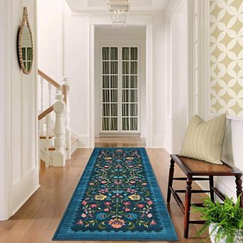 Floral Area Rug Machine Washable Non Slip Low Pile Indoor Carpet for Living Room Bedroom