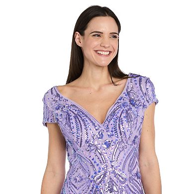Petite R&M Richards Iridescent Sequin Embroidered Mesh Godet Gown