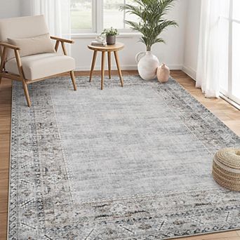 Vintage Border Area Rug Machine Washable Non Slip Low Pile Indoor Carpet for Living Room Bedroom