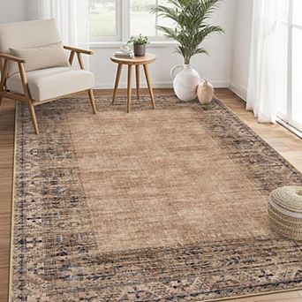 Vintage Border Area Rug Machine Washable Non Slip Low Pile Indoor Carpet for Living Room Bedroom