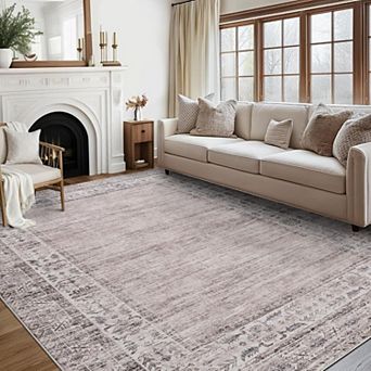 Vintage Border Area Rug Machine Washable Non Slip Low Pile Indoor Carpet for Living Room Bedroom