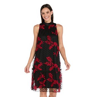 Petite R&M Richards Floral Embroidered Swing Dress with Satin Tie-Neck