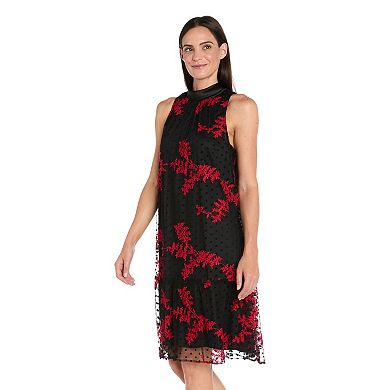 Petite R&M Richards Floral Embroidered Swing Dress with Satin Tie-Neck
