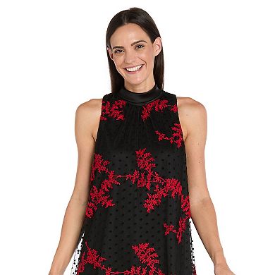 Petite R&M Richards Floral Embroidered Swing Dress with Satin Tie-Neck
