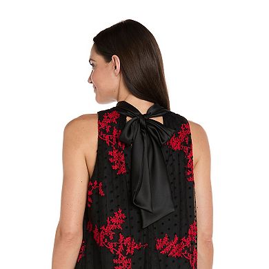 Petite R&M Richards Floral Embroidered Swing Dress with Satin Tie-Neck