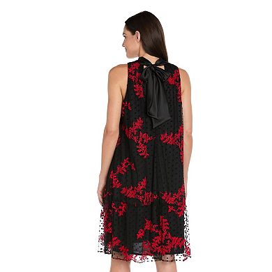 Petite R&M Richards Floral Embroidered Swing Dress with Satin Tie-Neck
