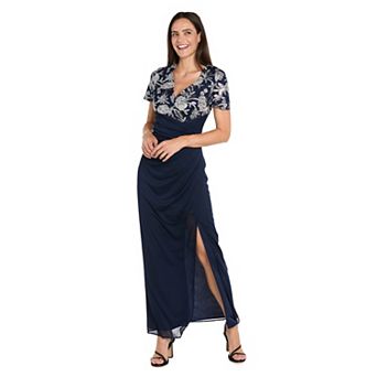 Petite R&M Richards Beaded Floral Bodice Chiffon Dress with Slit