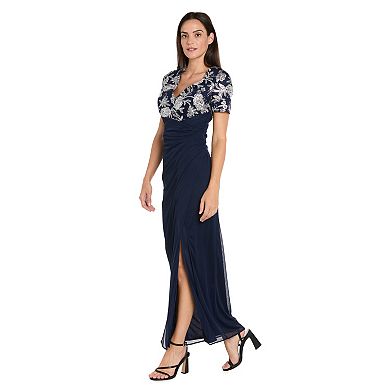 Petite R&M Richards Beaded Floral Bodice Chiffon Dress with Slit