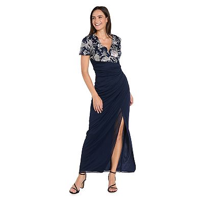 Petite R&M Richards Beaded Floral Bodice Chiffon Dress with Slit