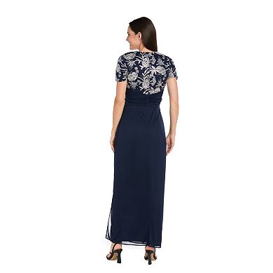 Petite R&M Richards Beaded Floral Bodice Chiffon Dress with Slit