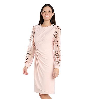 Petite R&M Richards Sequin Mesh Sleeve Sheath Dress
