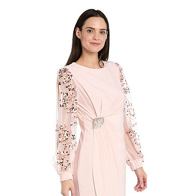 Petite R&M Richards Sequin Mesh Sleeve Sheath Dress