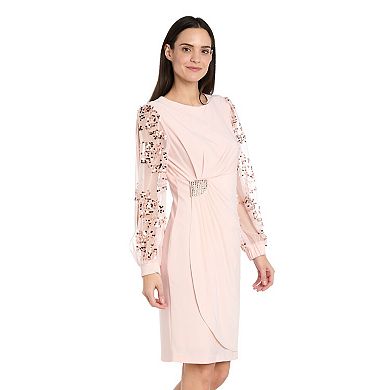 Petite R&M Richards Sequin Mesh Sleeve Sheath Dress