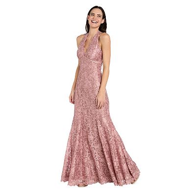 Petite R&M Richards Scalloped Lace Halter Mermaid Gown