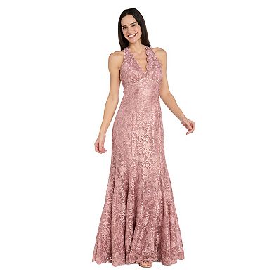 Petite R&M Richards Scalloped Lace Halter Mermaid Gown