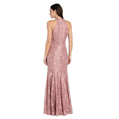Petite R&M Richards Scalloped Lace Halter Mermaid Gown