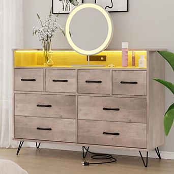 Stylish White Dresser With 8 Drawers LED Lighting & Built-In Charging Station - Wooden Material