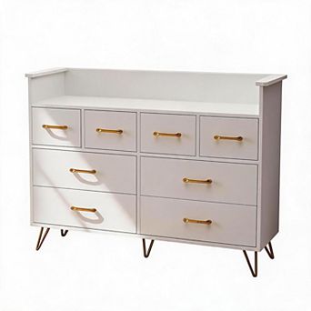 Stylish White Dresser With 8 Drawers LED Lighting & Built-In Charging Station - Wooden Material