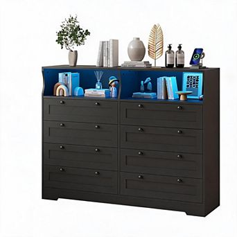 55-Inch Sleek White Dresser Featuring 8 Drawers LED Lighting & Charging Station Perfect