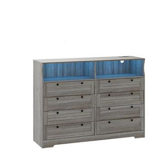 55-Inch Sleek White Dresser Featuring 8 Drawers LED Lighting & Charging Station Perfect