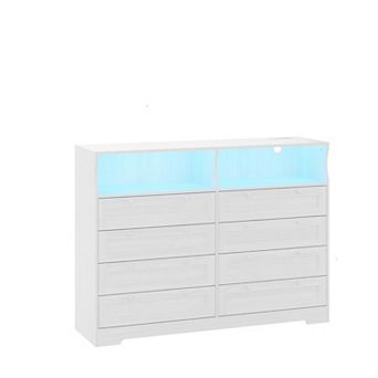 55-Inch Sleek White Dresser Featuring 8 Drawers LED Lighting & Charging Station Perfect