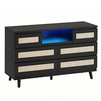 Stylish Rattan Dresser With 6 Drawers Natural Wood Chest With RGB LED Light & Charging Station