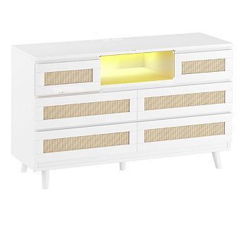 Stylish Rattan Dresser With 6 Drawers Natural Wood Chest With RGB LED Light & Charging Station