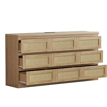 Rattan 9 Drawer Dresser for Bedroom Farmhouse Storage With USB Charging Station Wooden Chest of
