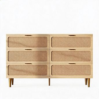 White Rattan 6 Drawer Dresser With Metal Handles & Storage Compartments for Bedroom & Living Room