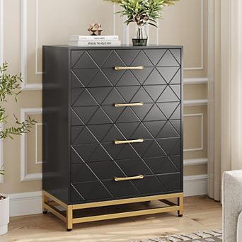 Elegant 4 Drawer Wood Dresser Stylish Storage Chest With Wide Drawers Gold Handles