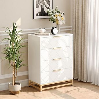 Elegant 4 Drawer Wood Dresser Stylish Storage Chest With Wide Drawers Gold Handles