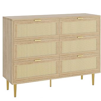 Rattan 6 Drawer Dresser Farmhouse Wooden Chest of Drawers With 5 Metal Legs Golden Handles Wide