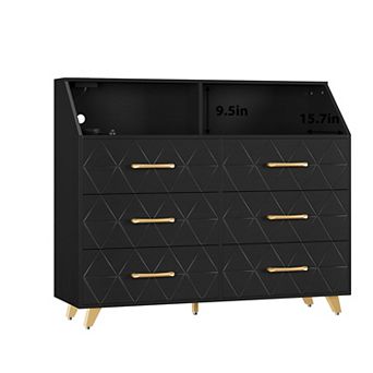 6 Drawer Dresser for Bedroom with LED Lights & Charging Station - Wood Bedroom Dresser Black