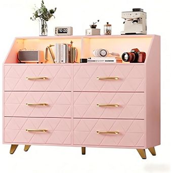 6 Drawer Dresser for Bedroom with LED Lights & Charging Station - Wood Bedroom Dresser Black
